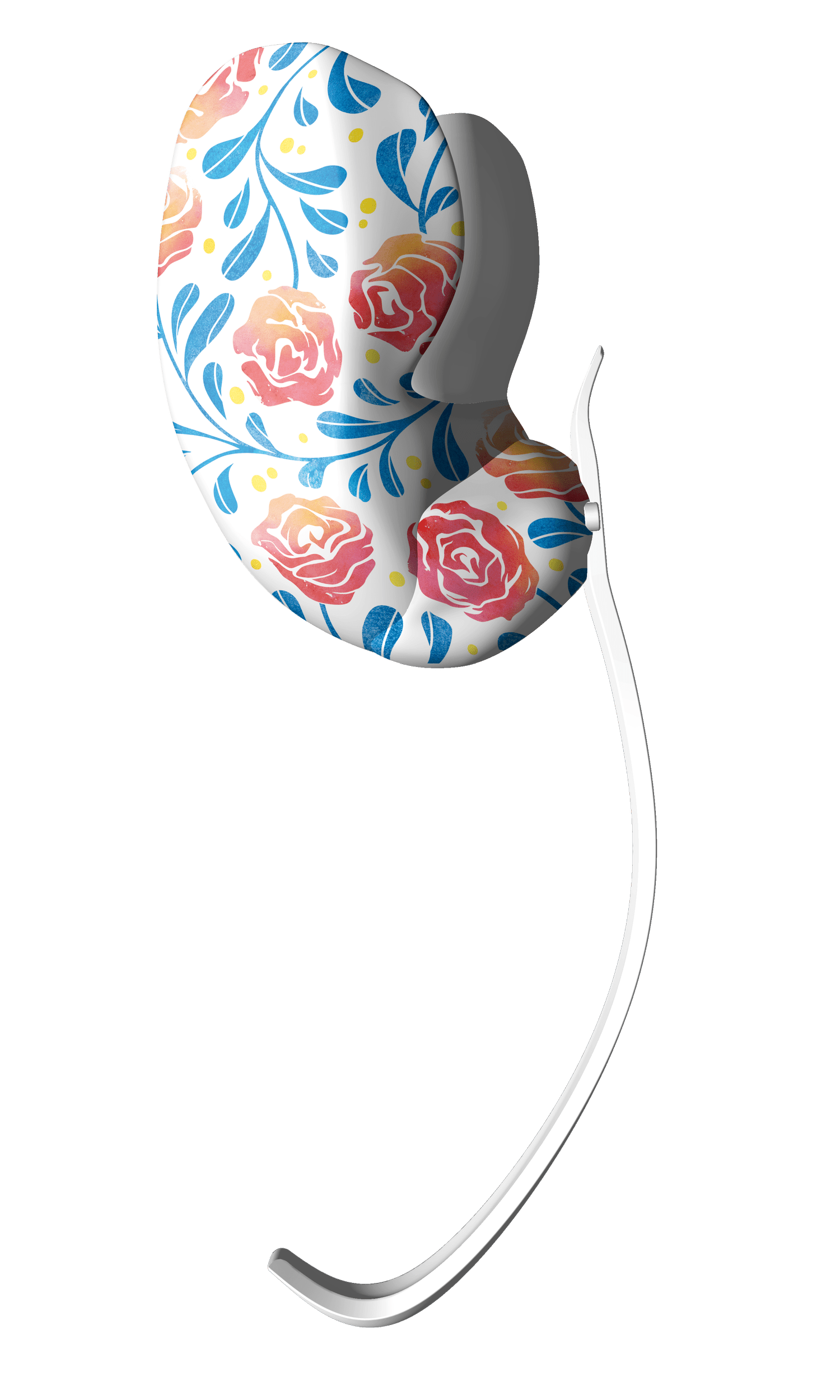 An Ani-Go prosthetic design study with blue leaves and red flowers
