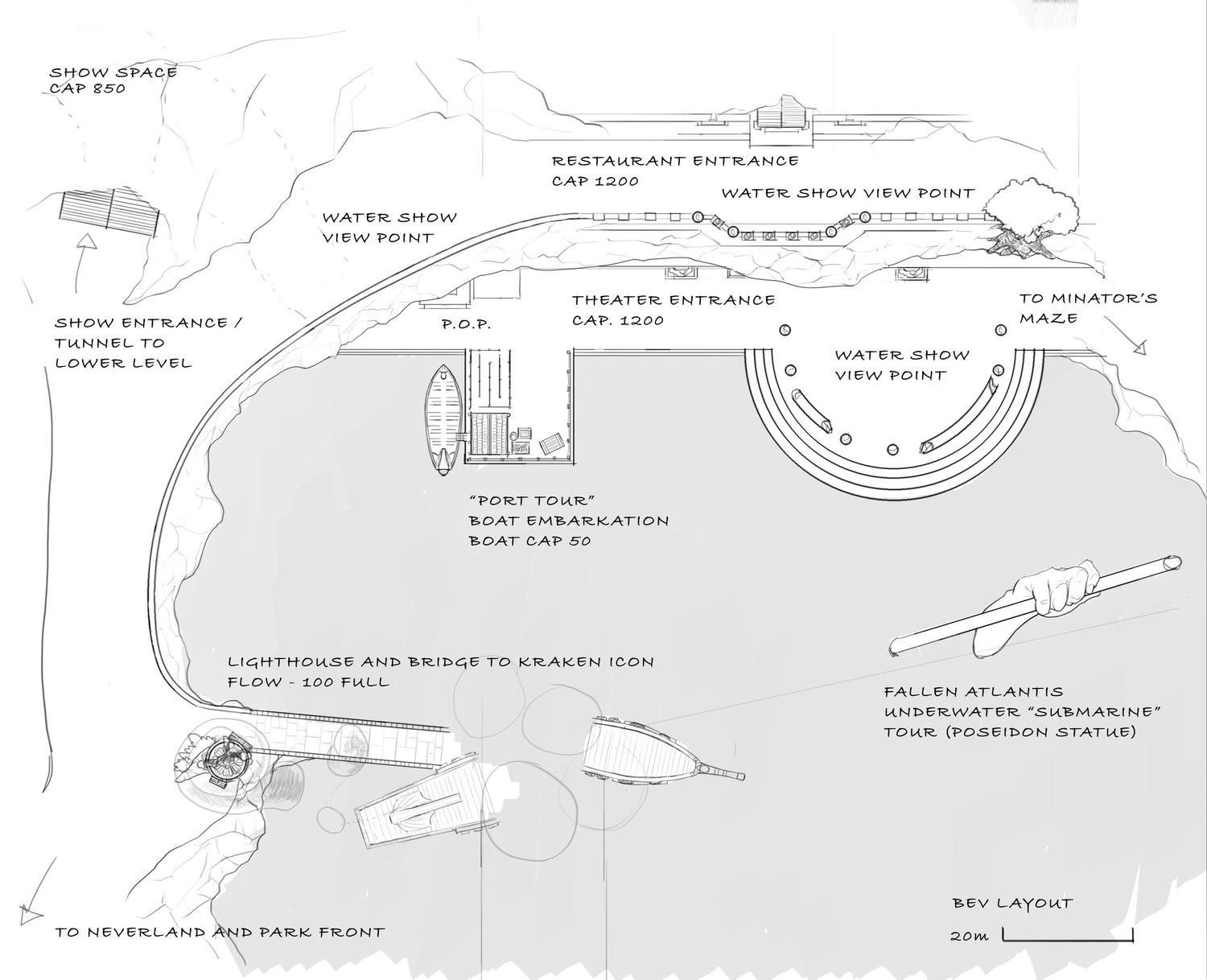 アイコン周辺の施設や水路を描いた構想図。
